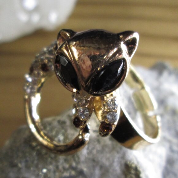 Crystal Gold Tone Adjustable Cat Ring - Picture 3 of 6